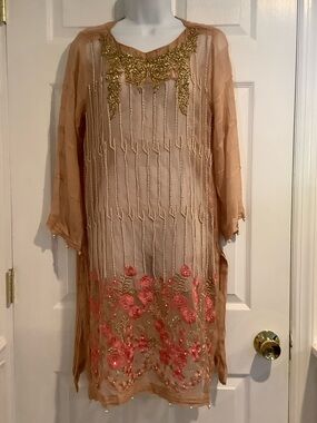AGHA NOOR Dusty Pink Sheer Embroidered Bejeweled Beaded 100% Pure Fabric Tunic M